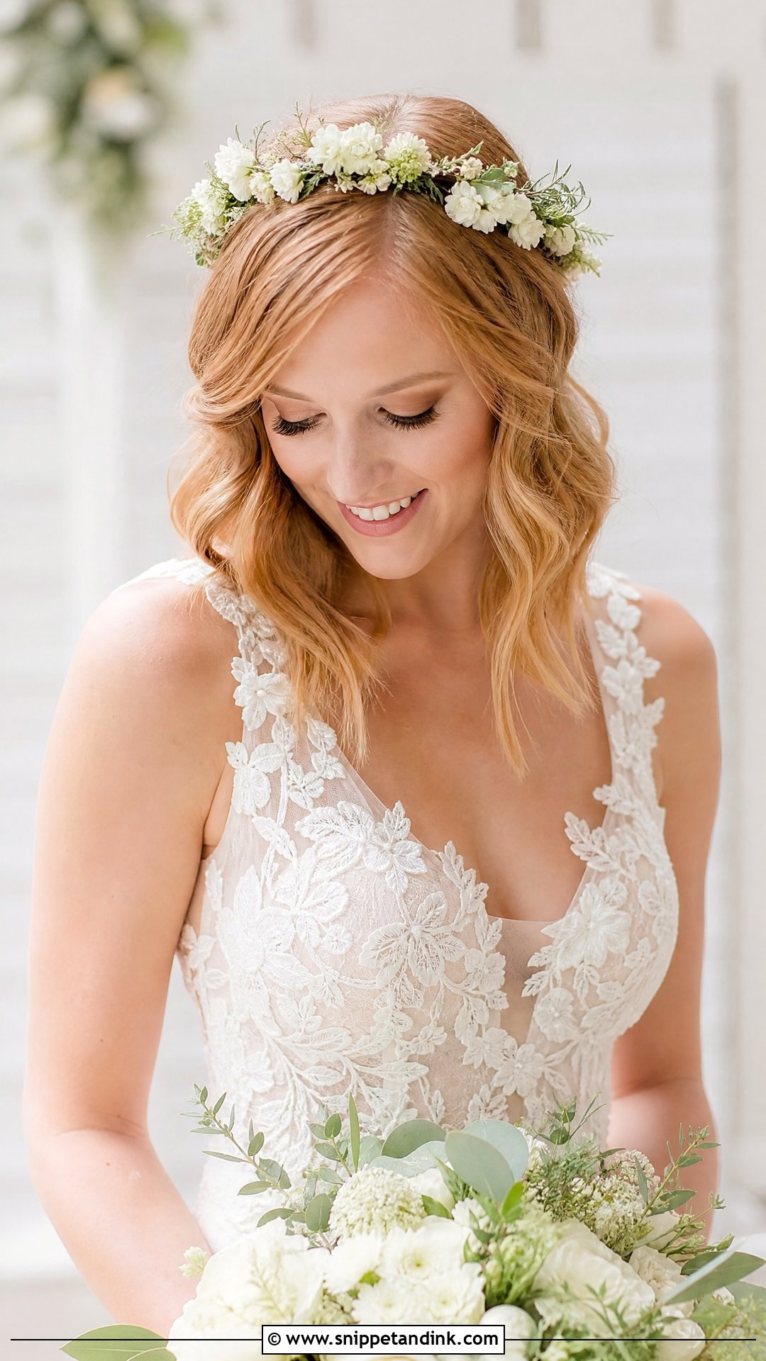 Flower Crown Wedding Hairstyle for Medium Hair - Snippet and Ink - 20 Shoulder Length Hair Wedding Styles