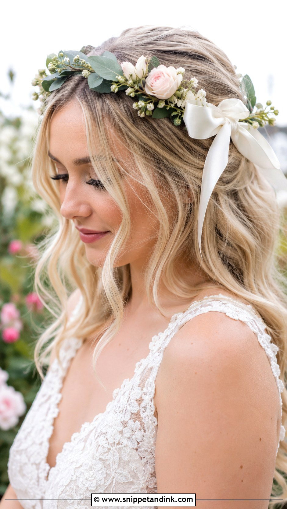 Flower Crown With Bow Accent - Snippet and Ink - 25 Wedding Hair Bow Ideas