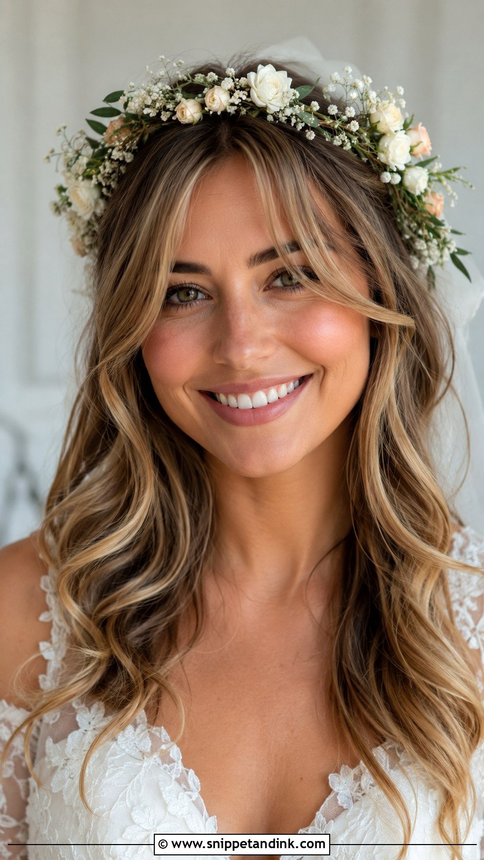 Flower Crown With Curtain Bangs - Snippet and Ink - 20 Wedding Hair with Flower Crown Ideas