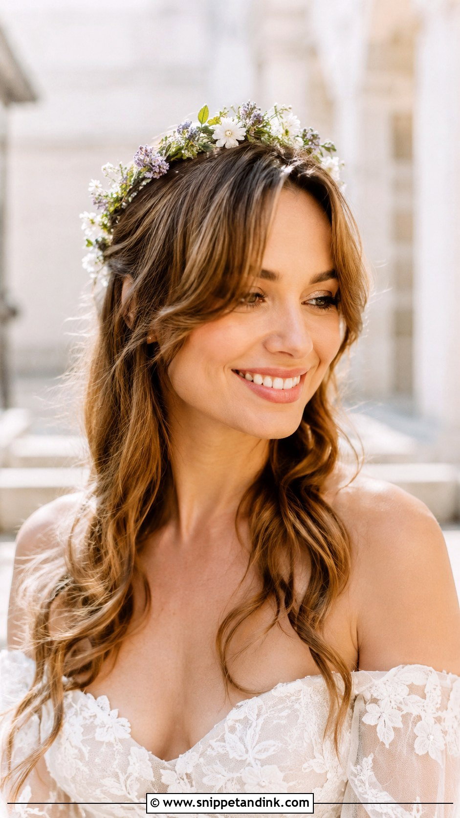 Flower Crown With Curtain Bangs - Snippet and Ink - 20 Flower Crown Wedding Hair Ideas