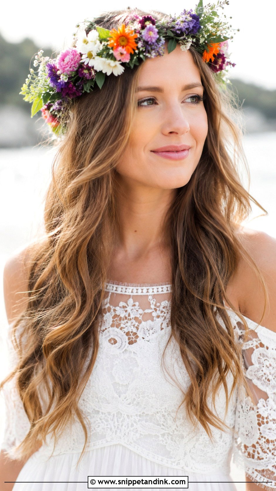 Flower Crown With Down Hair - Snippet and Ink - 30 Wedding Hairstyles with Crown