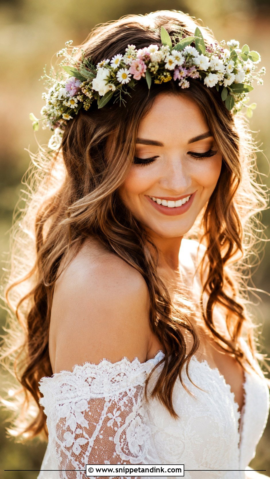 Flower Crown With Flowing Hair - Snippet and Ink - 25 Boho Bride Hair Ideas