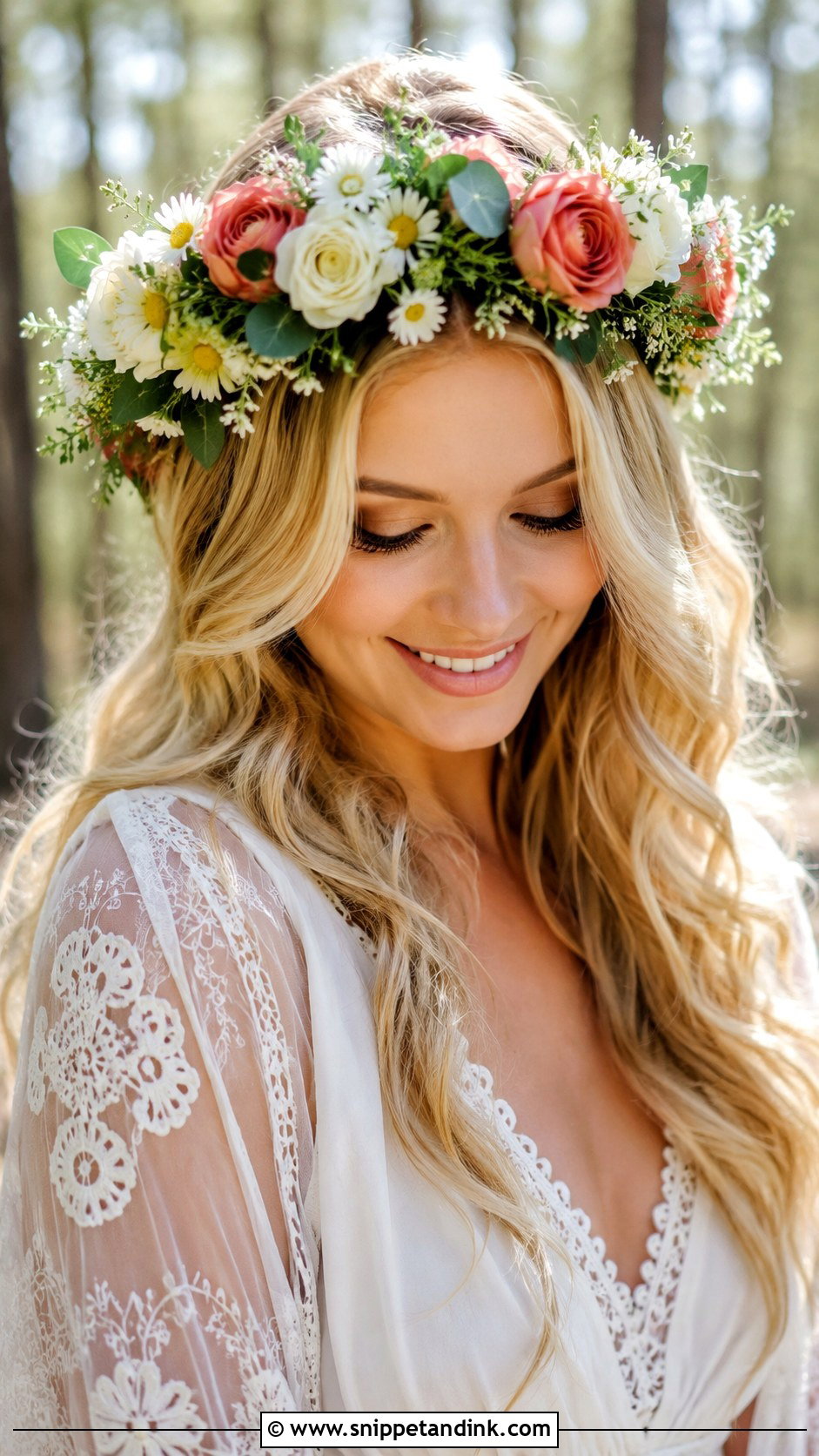 Flower Crown With Flowing Hair - Snippet and Ink - 25 Whimsical Bridal Hair Ideas