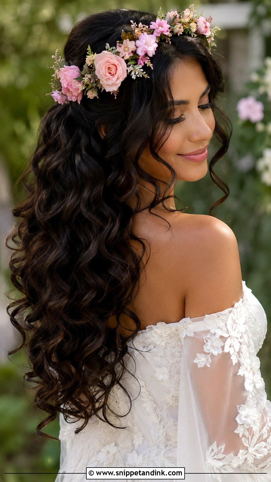Flower Crown With Long Curls - Snippet and Ink - 20 Wedding Hairstyles Flowers