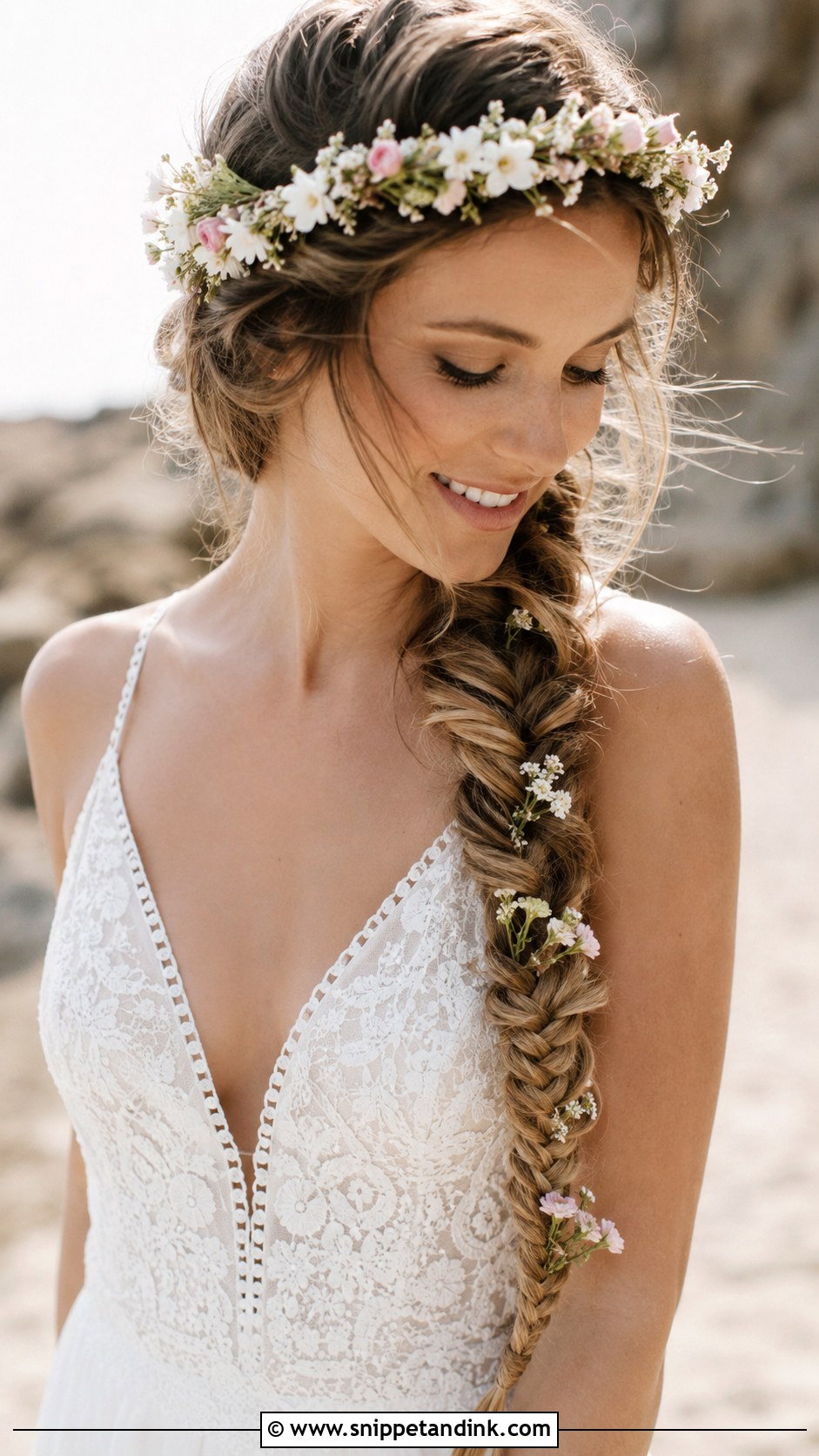 Flower Crown With Long Fishtail Braid - Snippet and Ink - 20 Flower Crown Wedding Hair Ideas