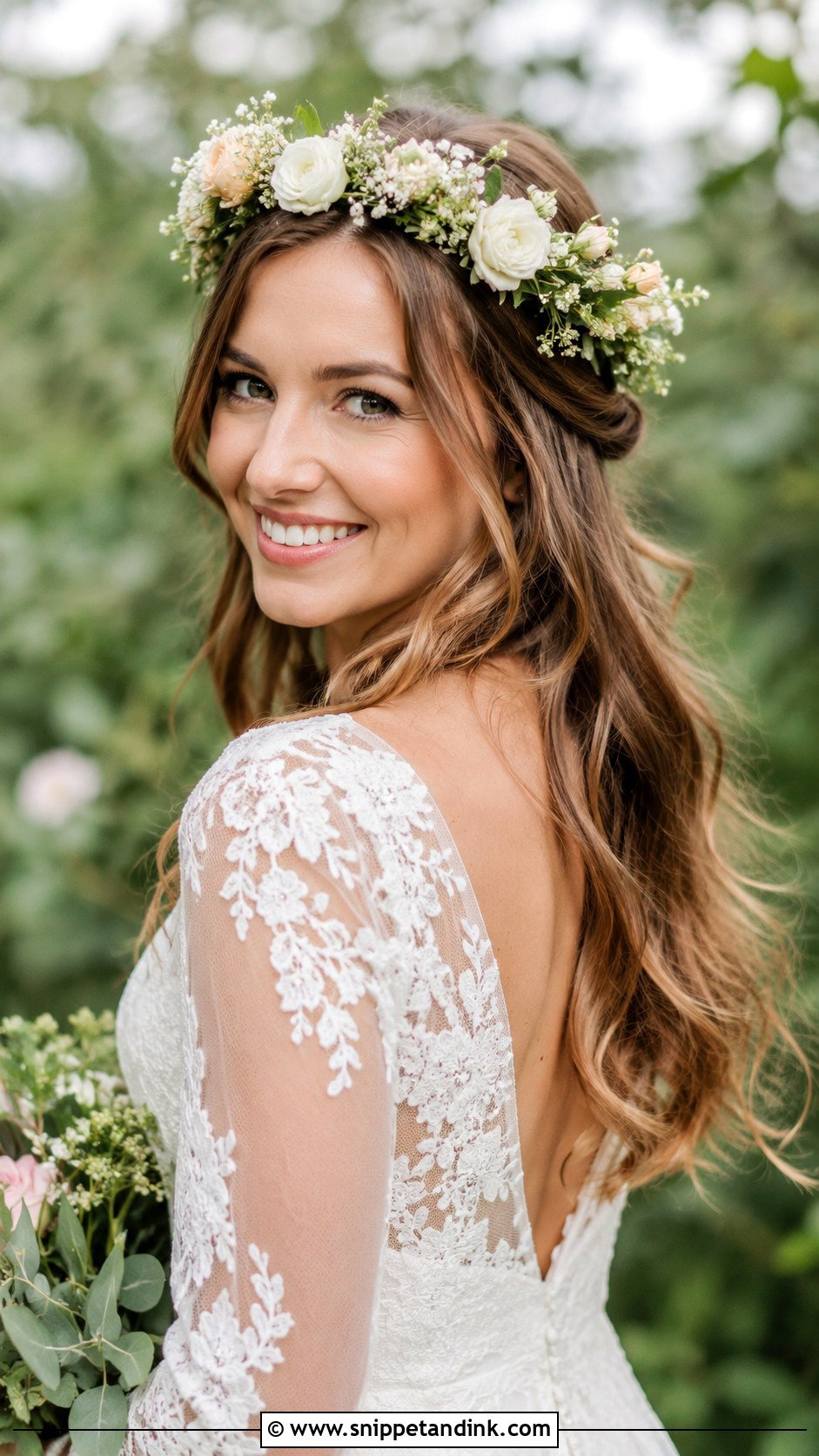Flower Crown With Loose Hair - Snippet and Ink - 25 Long Bridal Hair Ideas