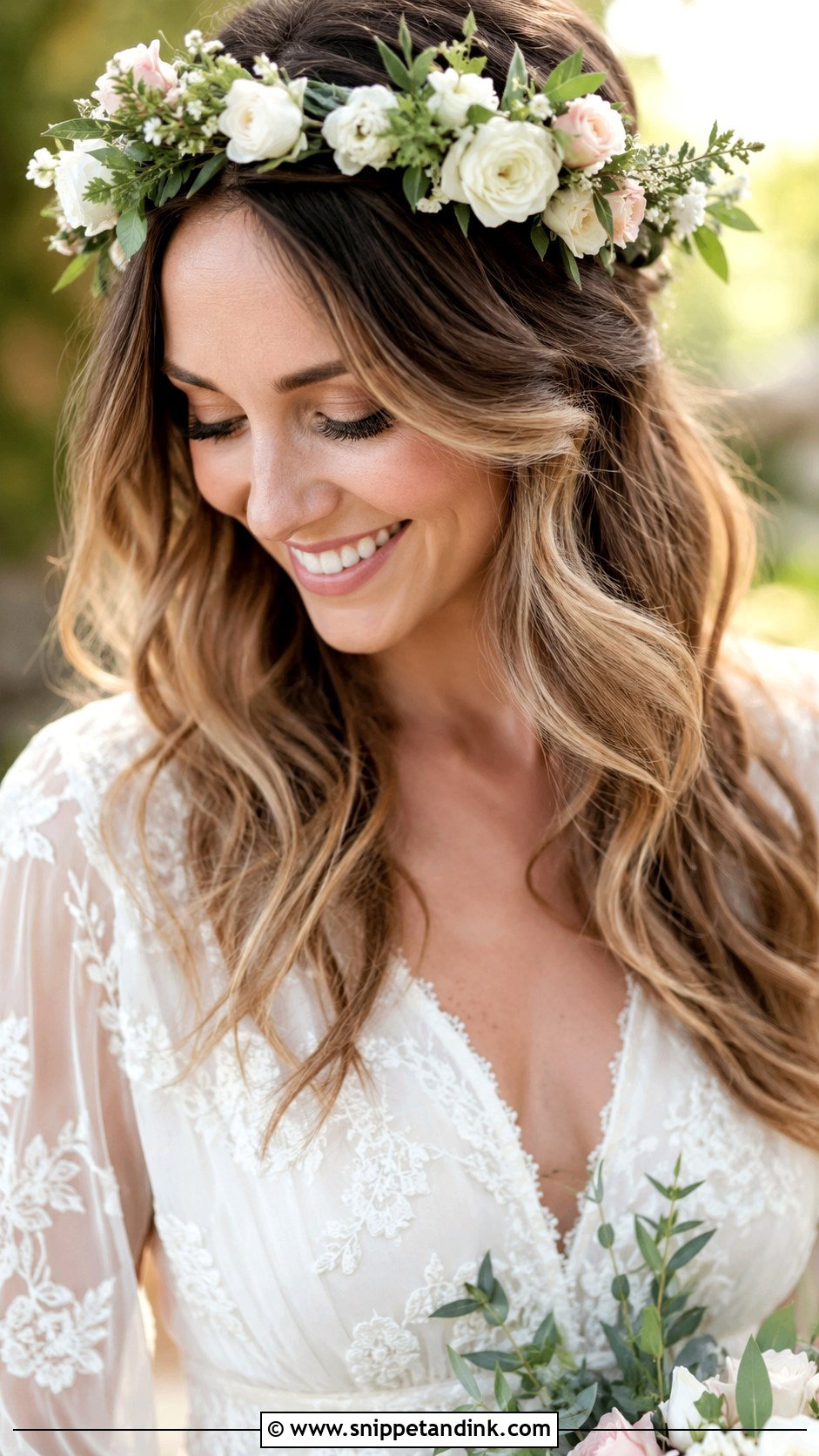 Flower Crown With Loose Hair - Snippet and Ink - 30 Boho Bridal Hair Ideas