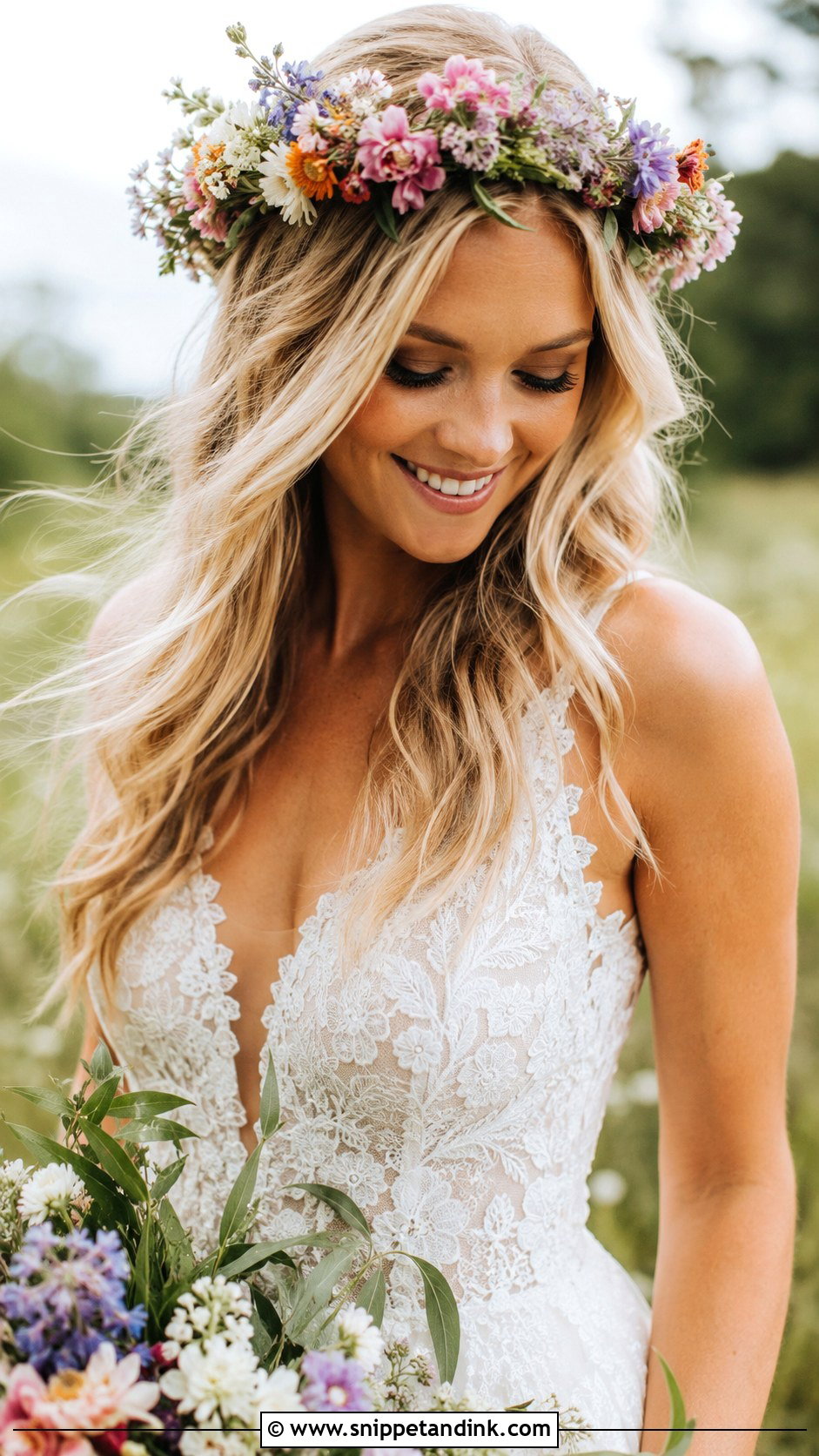 Flower Crown With Loose Hair - Snippet and Ink - 20 Elopement Hairstyles