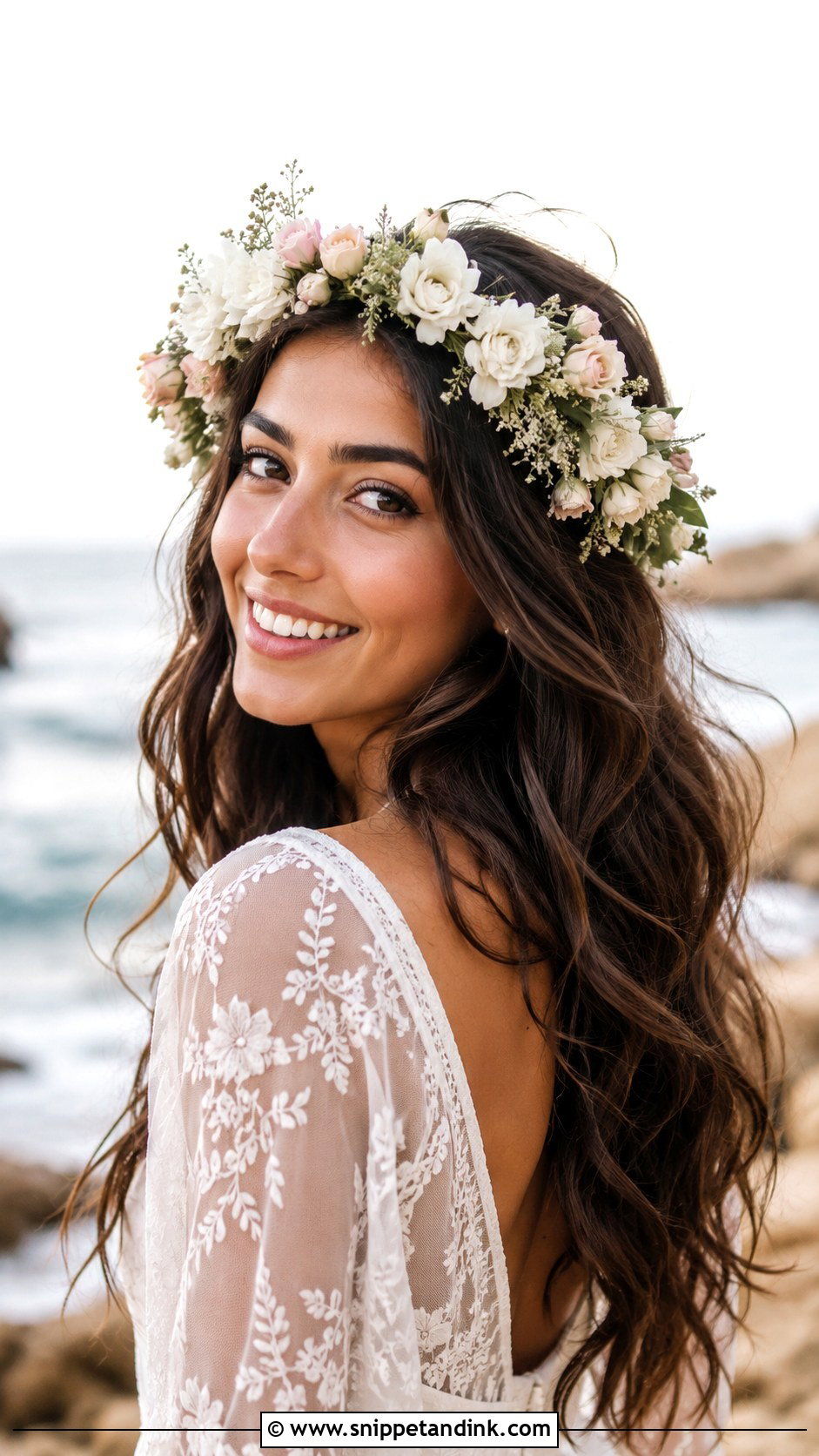 Flower Crown With Loose Waves - Snippet and Ink - 20 Beachy Wedding Hair Ideas