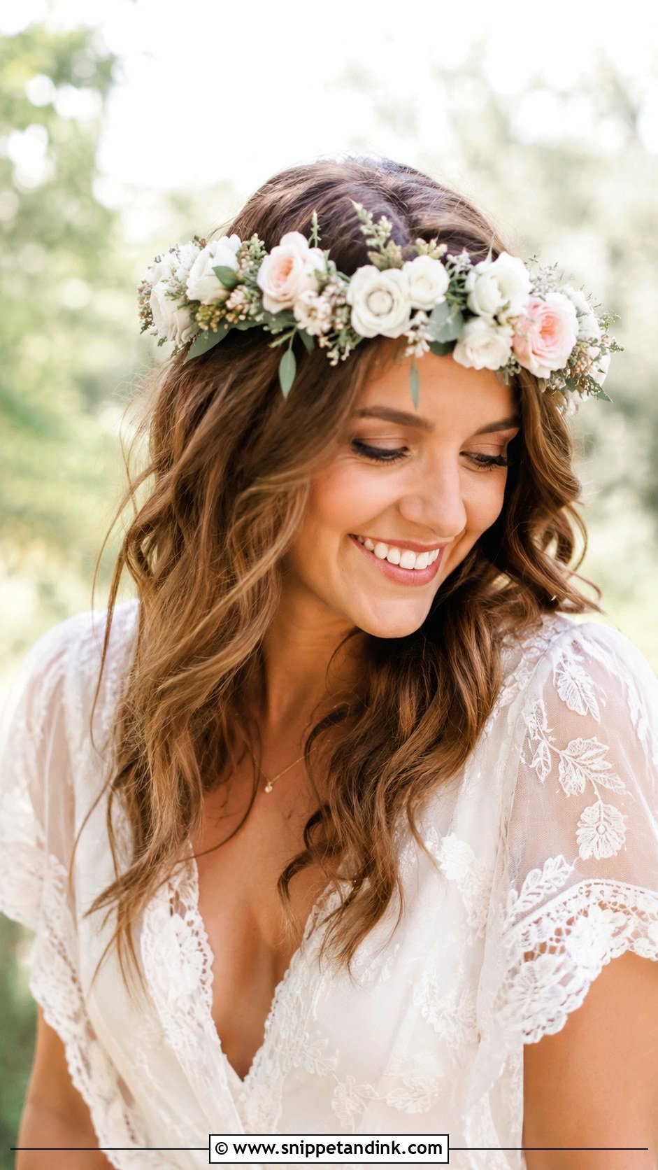 Flower Crown With Loose Waves - Snippet and Ink - 20 Wedding Hair for Shoulder Length Hair Ideas