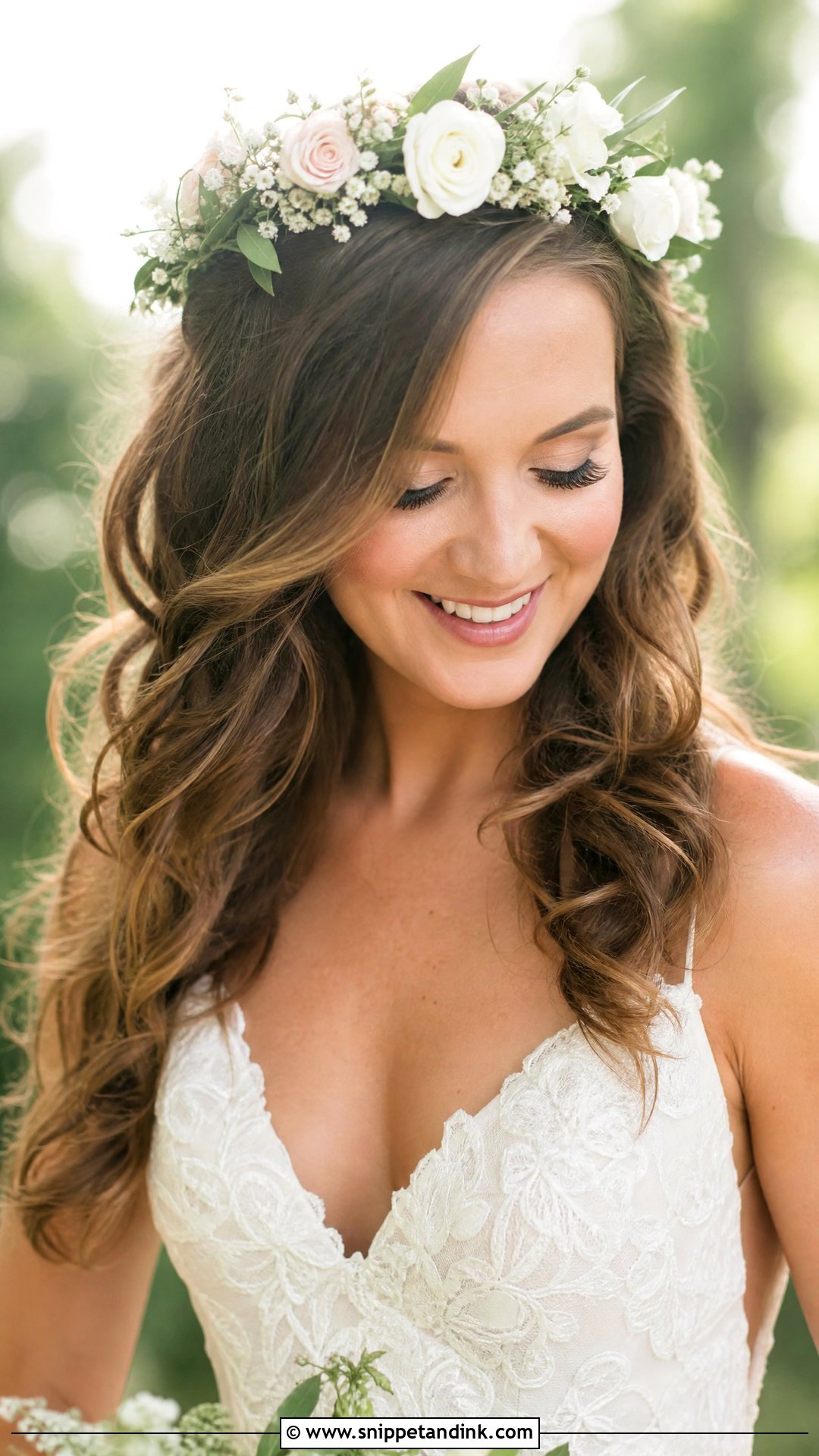 Flower Crown With Loose Waves - Snippet and Ink - 20 Wedding Hairstyles for Big Foreheads
