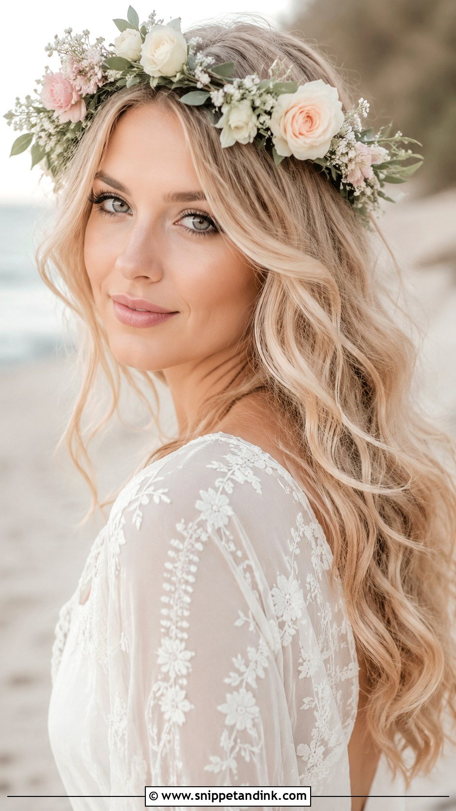 Flower Crown With Loose Waves - Snippet and Ink - 25 Beach Wedding Hairstyles