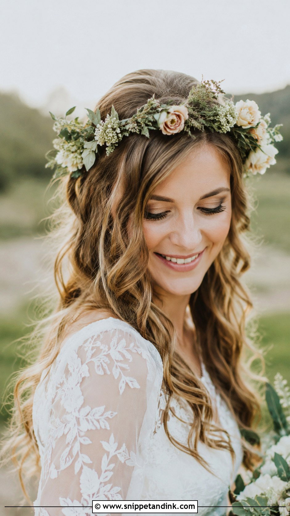 Flower Crown With Loose Waves - Snippet and Ink - 25 Natural Wedding Hairstyles