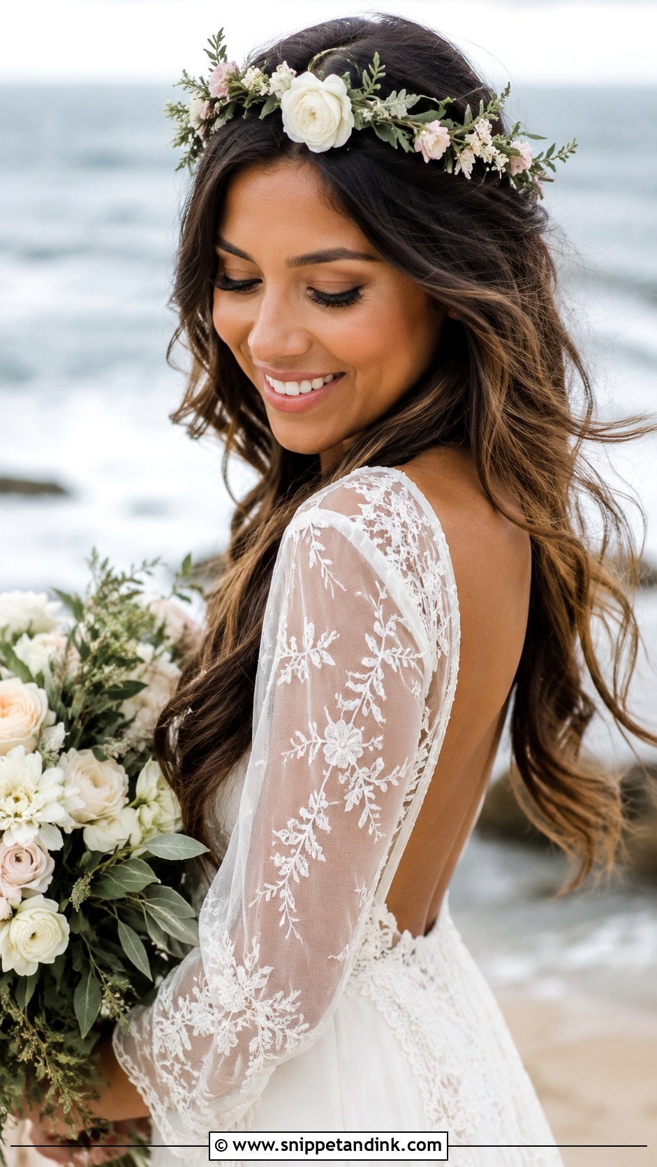 Flower Crown With Loose Waves - Snippet and Ink - 30 Beach Wedding Hair Ideas