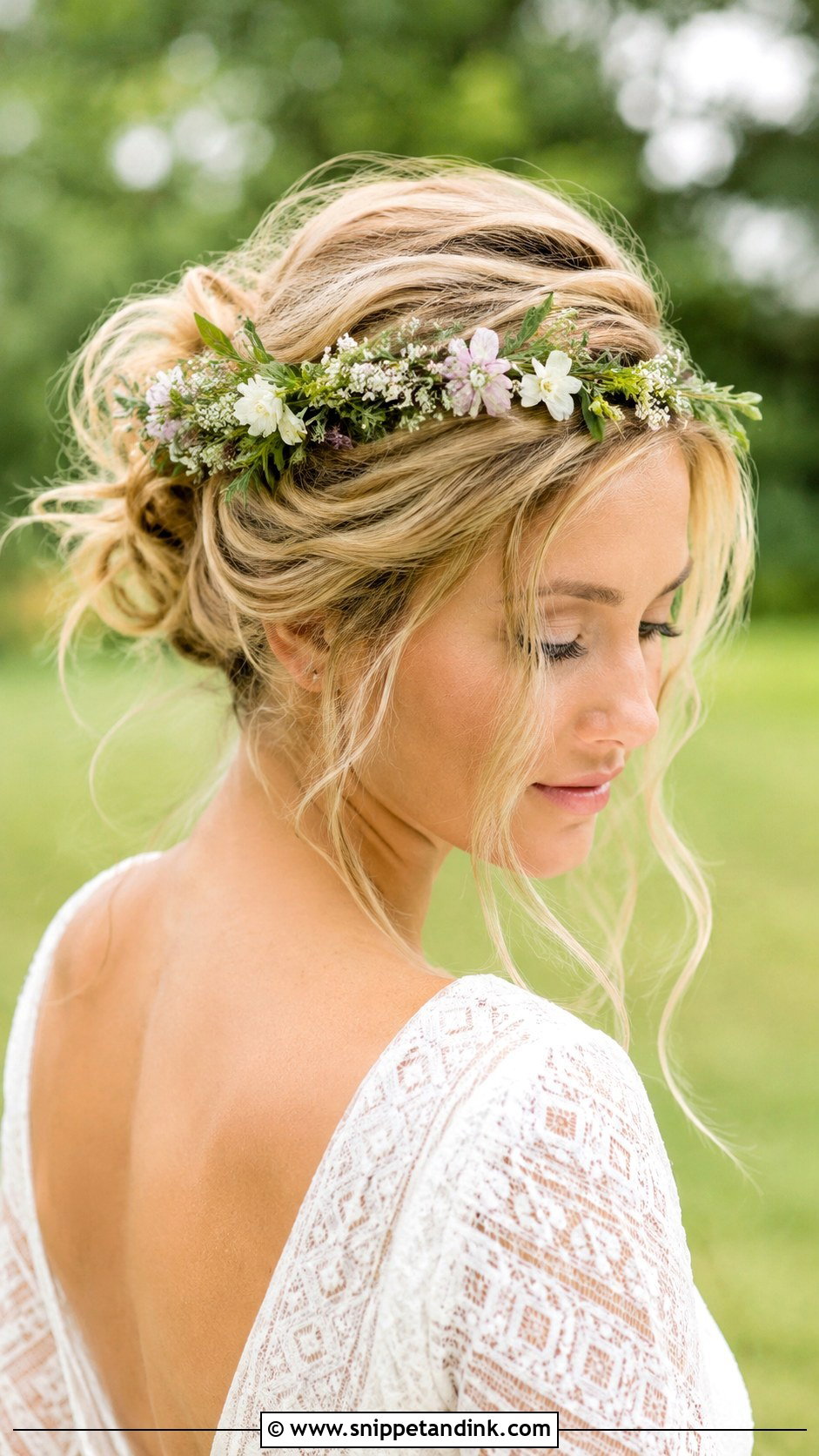 Flower Crown With Messy Bun - Snippet and Ink - 20 Flower Crown Wedding Hair Ideas