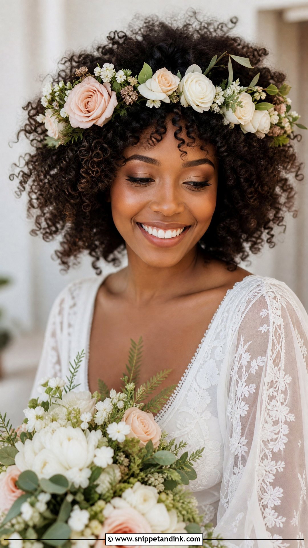 Flower Crown With Natural Curls - Snippet and Ink - 20 Natural Hair Styles for Brides