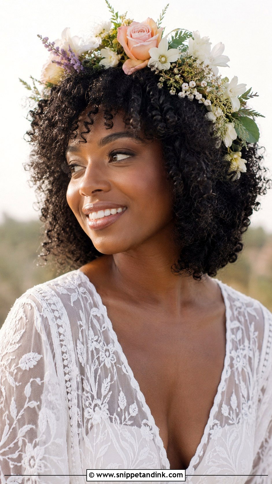 Flower Crown With Natural Curls - Snippet and Ink - 20 Wedding Hairstyles for Natural Hair