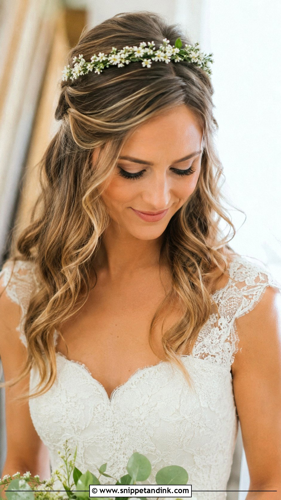 Flower Crown With Pinned Back Waves - Snippet and Ink - 20 Wedding Hair with Flower Crown Ideas