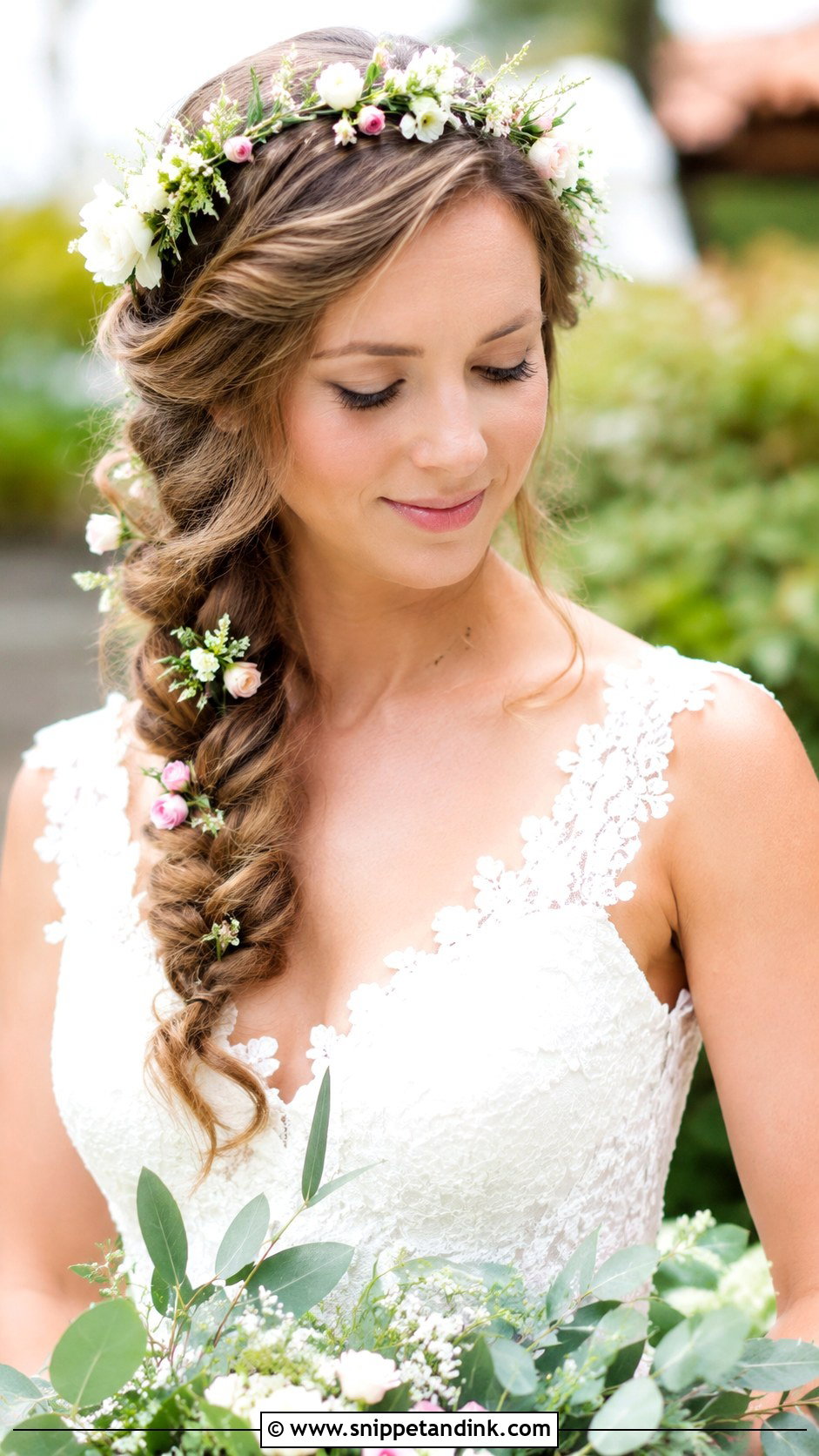 Flower Crown With Side Braid - Snippet and Ink - 20 Wedding Hair with Flower Crown Ideas