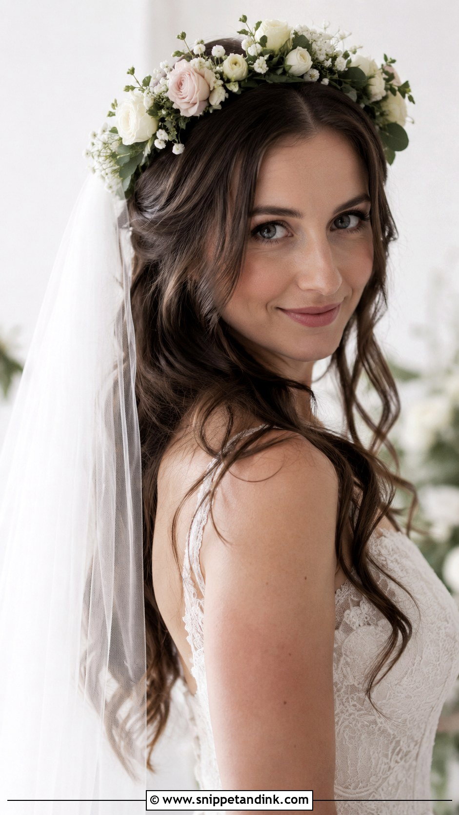 Flower Crown With Veil - Snippet and Ink - 20 Wedding Hair with Flower Crown Ideas
