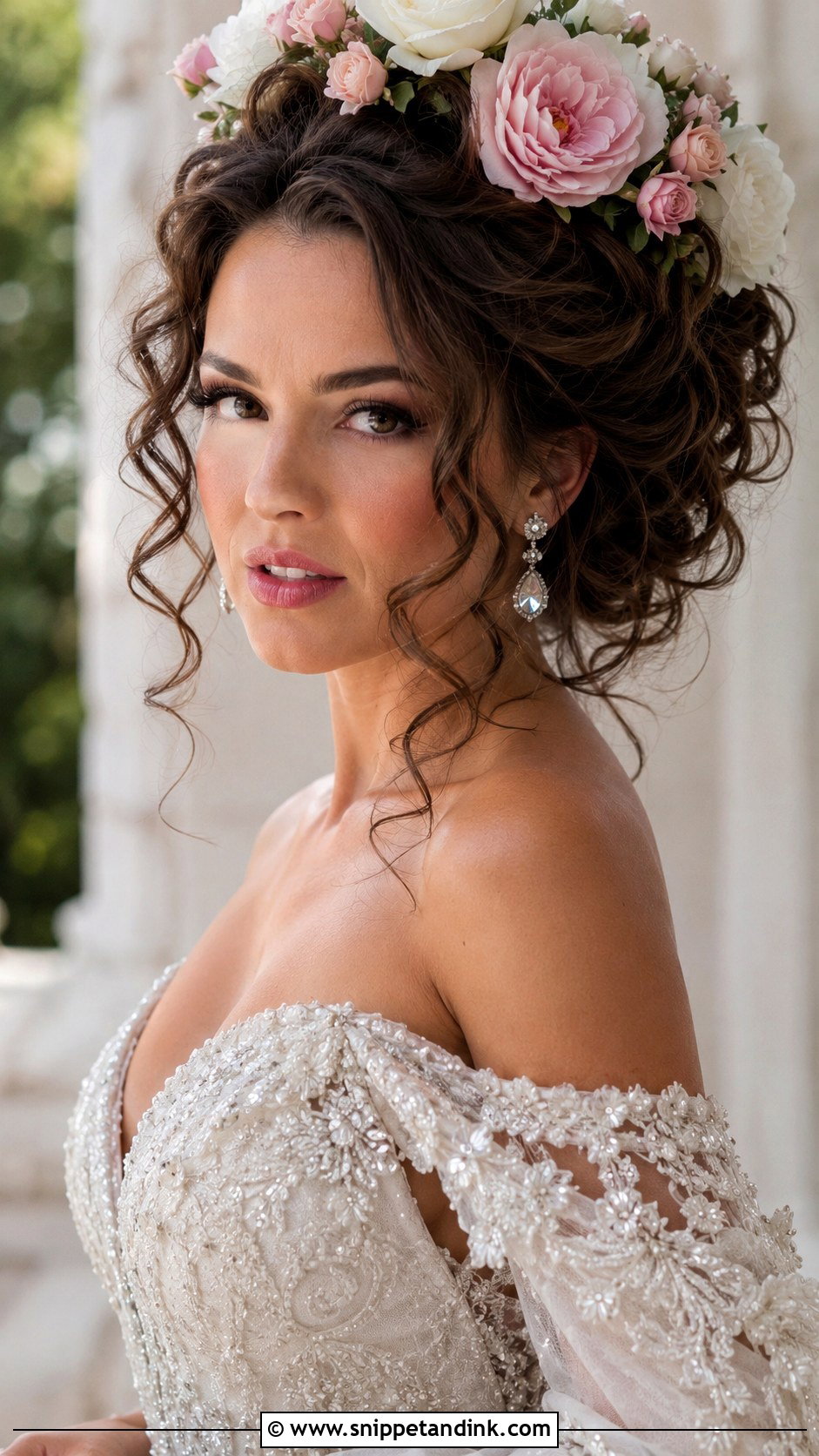 Flower Crown With Voluminous Curls Updo - Snippet and Ink - 20 Wedding Hair with Flower Crown Ideas