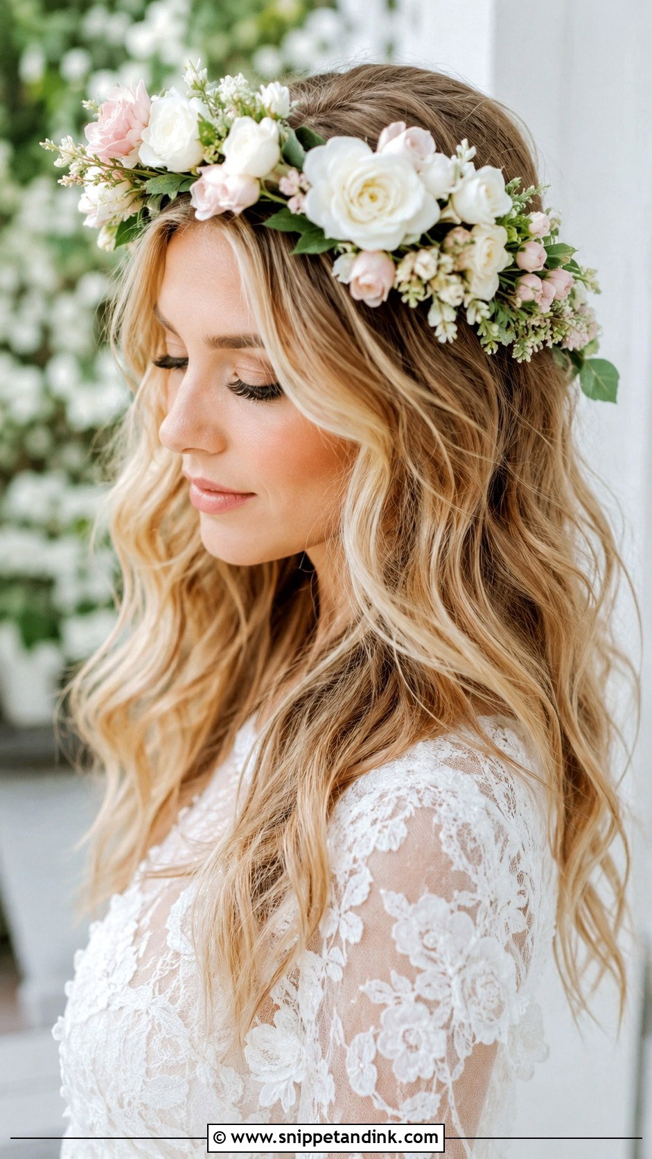 Flower Crown With Waves - Snippet and Ink - 25 Elegant Wedding Hair Down Ideas