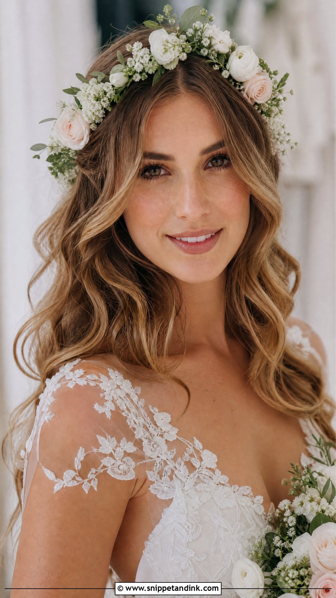 Flower Crown with Flowing Hair - Snippet and Ink - 20 Wedding Hair for Medium Hair Ideas