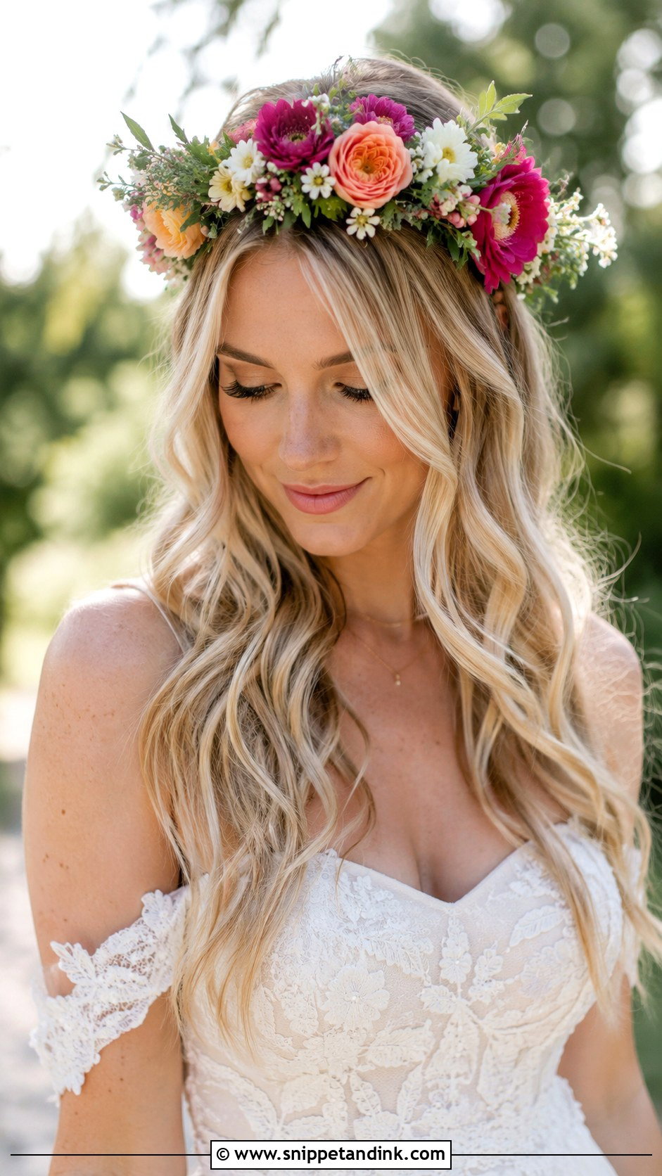 Flower Crown with Hair Down for Brides - Snippet and Ink - 20 Medium Length Wedding Hair Down Ideas