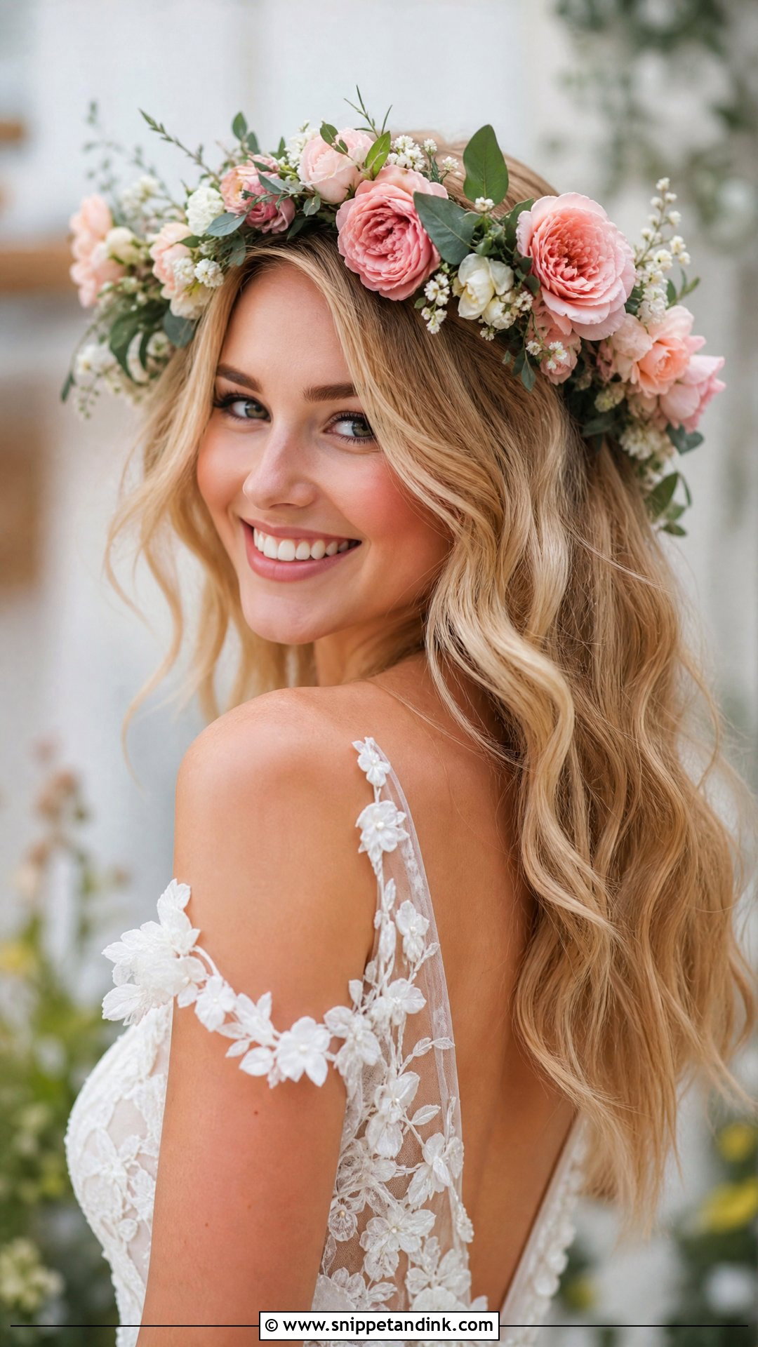 Flower Crown with Hair Down for Wedding - Snippet and Ink - 20 Hair Down Styles for Wedding
