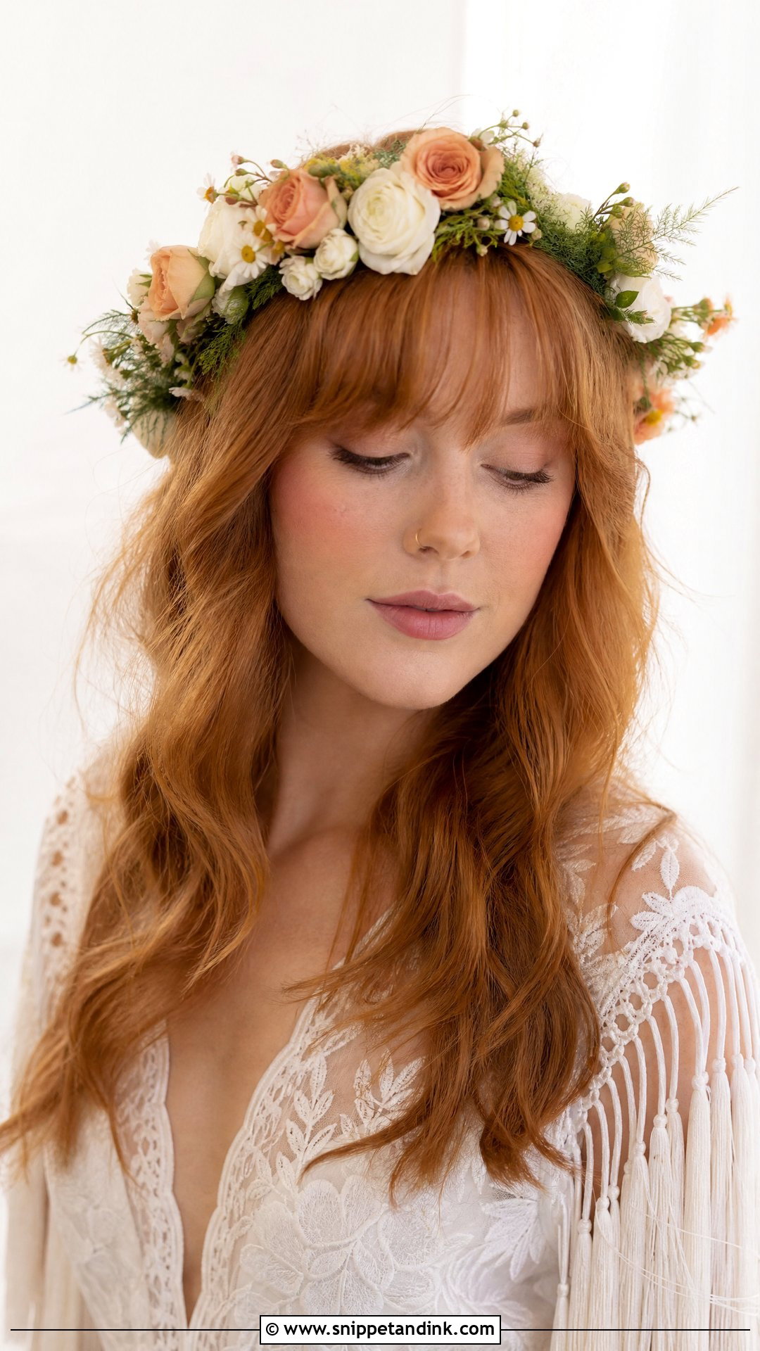 Flower Crown with Long Fringe - Snippet and Ink - 20 Wedding Hair with Fringe Ideas