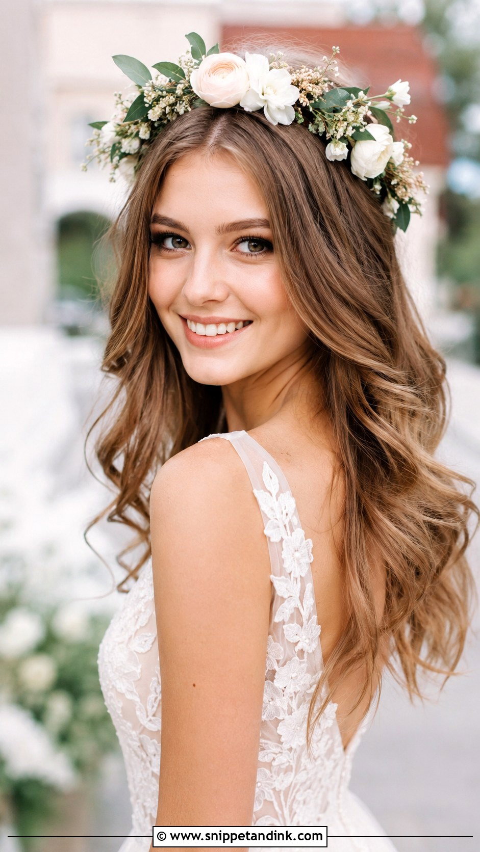 Flower Crown with Long Open Hair - Snippet and Ink - 20 Long Open Hair Wedding Hairstyles