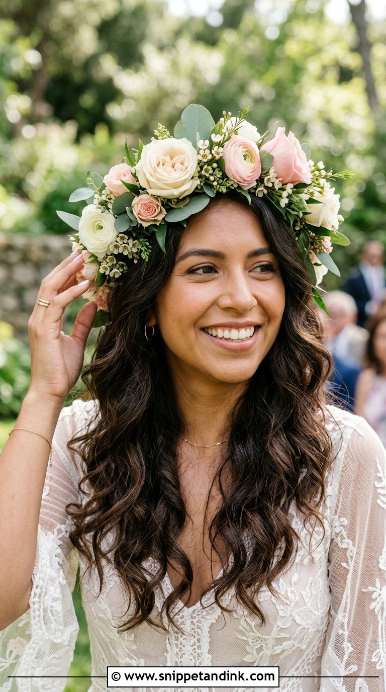 Flower Crown with Loose Waves - Snippet and Ink - 20 Bridal Hair with Crown Ideas