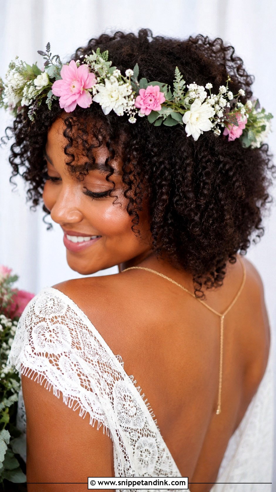 Flower Crown with Natural Curls - Snippet and Ink - 20 Bride Hairstyles for Black Women