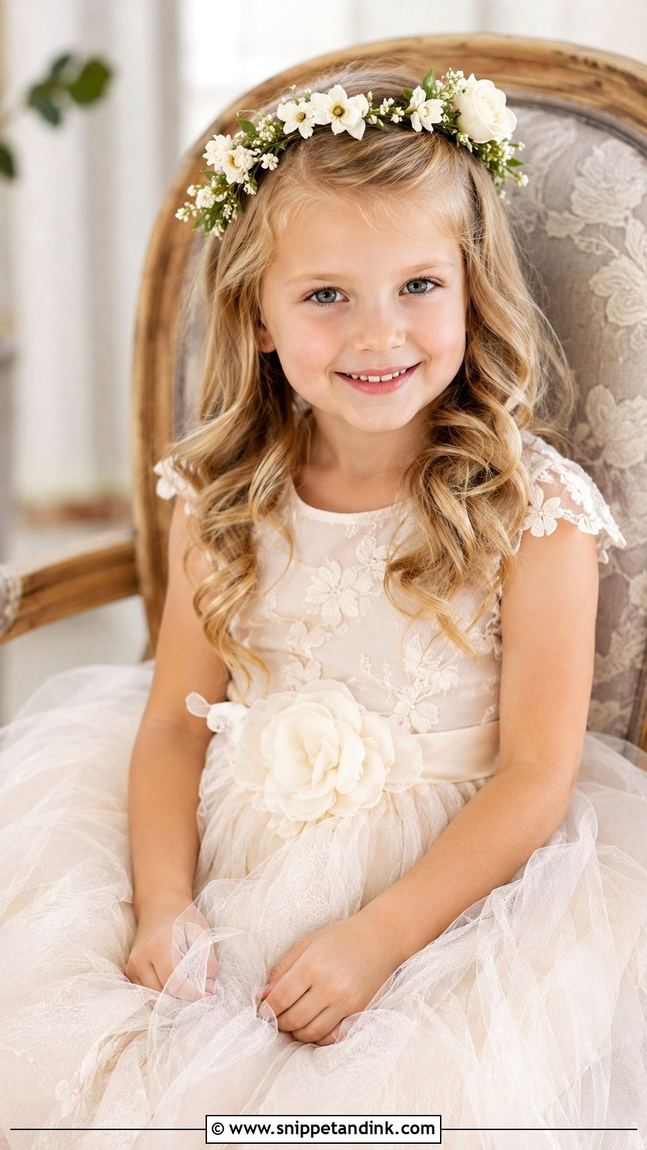 Flower Girl Curls With Flower Crown - Snippet and Ink - 20 Hairstyles for Kids for Weddings