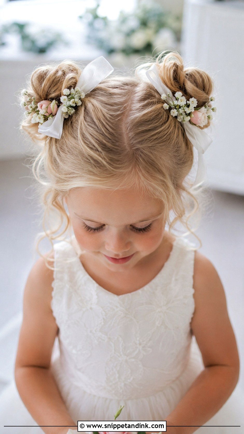 Flower Girl Pigtail Buns - Snippet and Ink - 25 Kids Girls Wedding Hairstyles