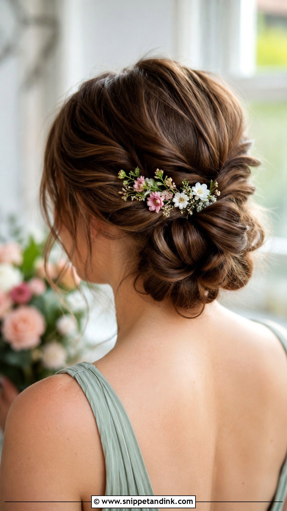 Flower Pin Bridesmaid Updo For Medium Hair - Snippet and Ink - 20 Bridesmaid Updo Hairstyles Medium
