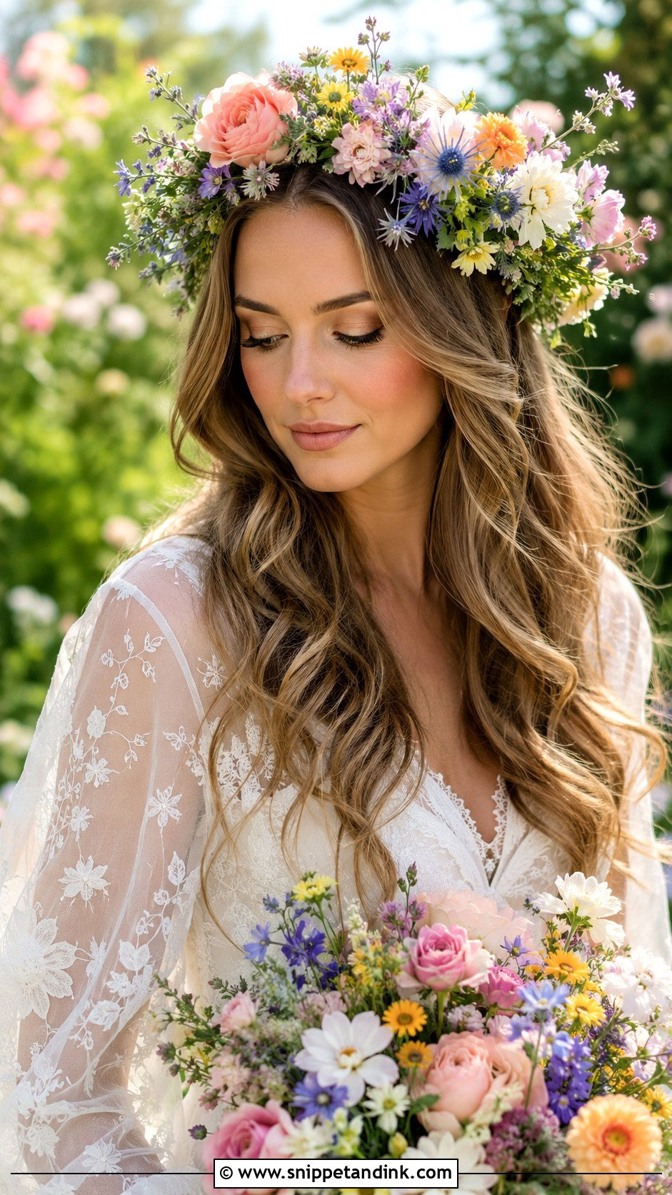 Flowing Hair With Mixed Floral Crown - Snippet and Ink - 20 Bridal Hair with Flower Crown Ideas