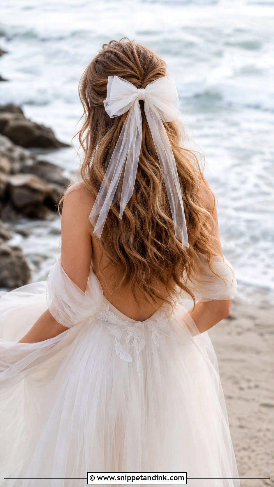 Flowing Waves With Bow Half Up - Snippet and Ink - 20 Bridal Hair Bow Ideas