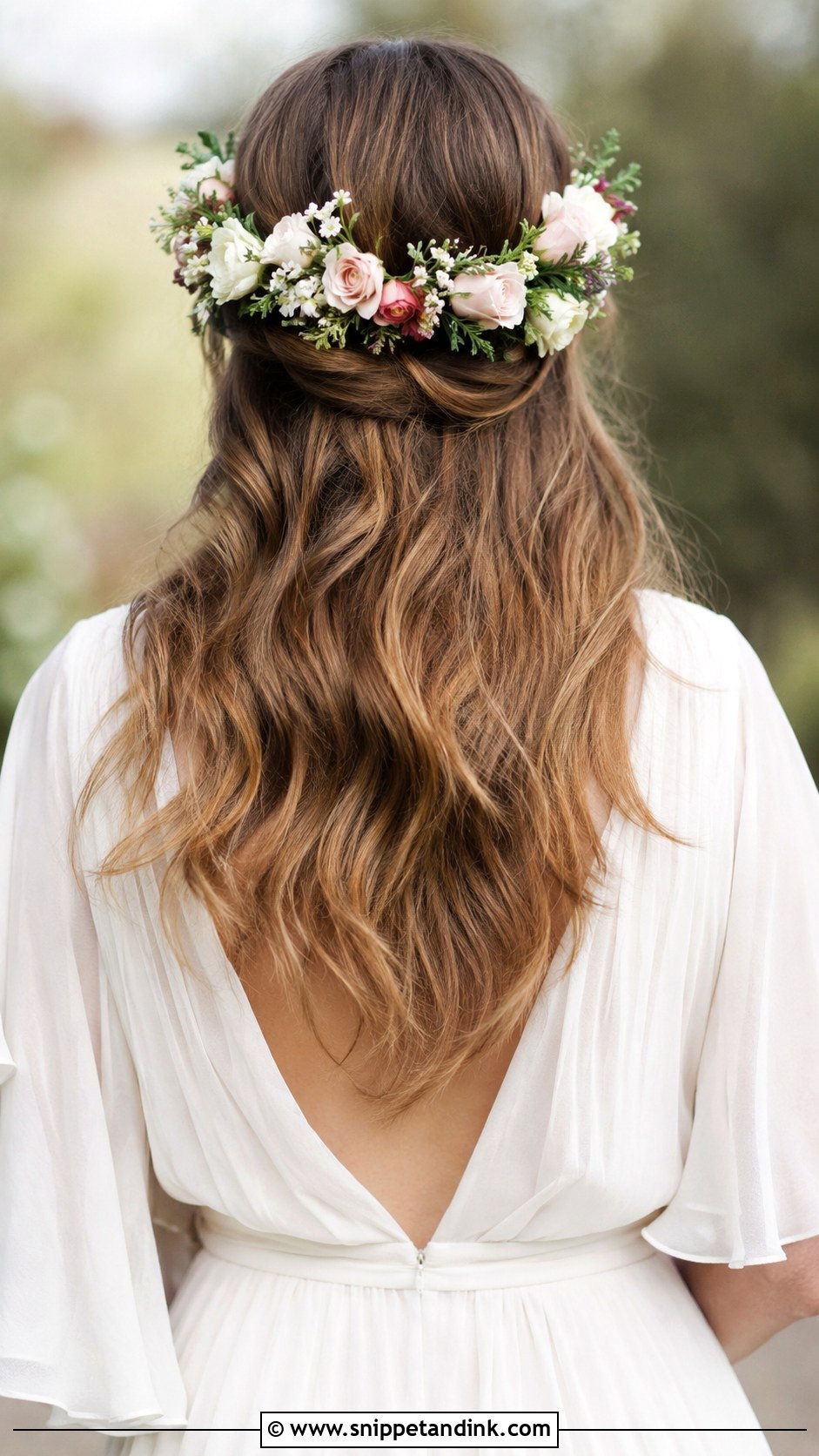 Flowing Waves With Floral Crown - Snippet and Ink - 25 Ethereal Wedding Hair Ideas