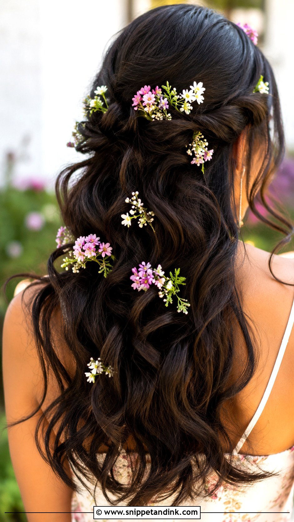 Flowy Hair With Floral Pins - Snippet and Ink - 30 Hairstyles for Engagement