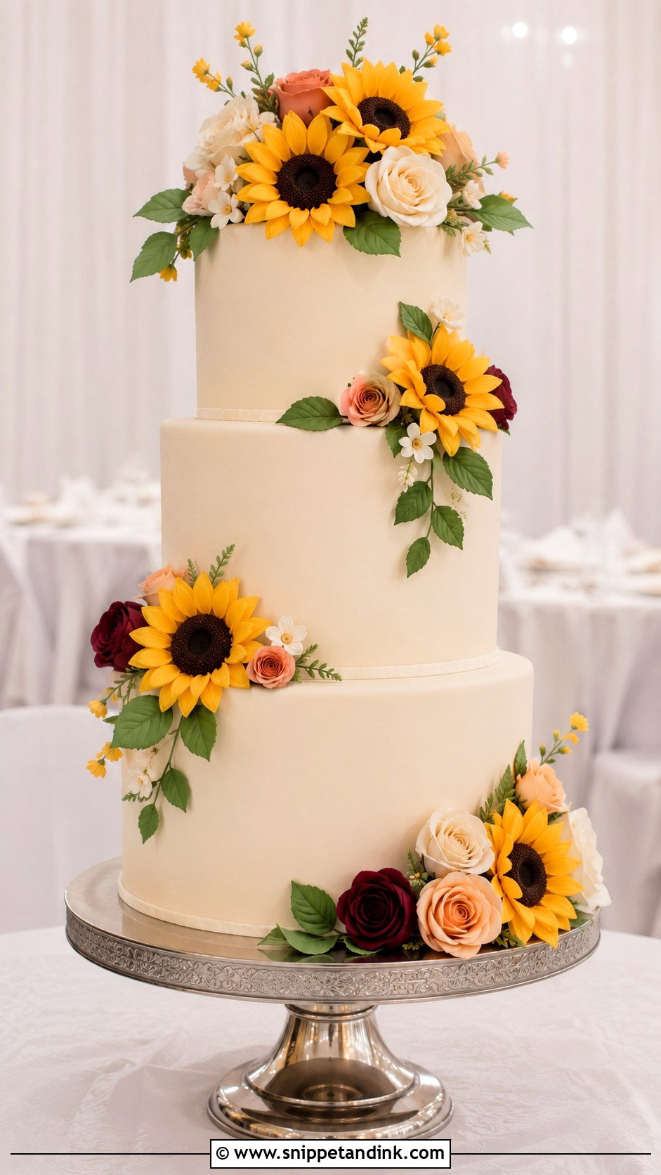 Fondant Sunflower And Rose Wedding Cake - Snippet and Ink - 20 Sunflower and Rose Wedding Cake Ideas