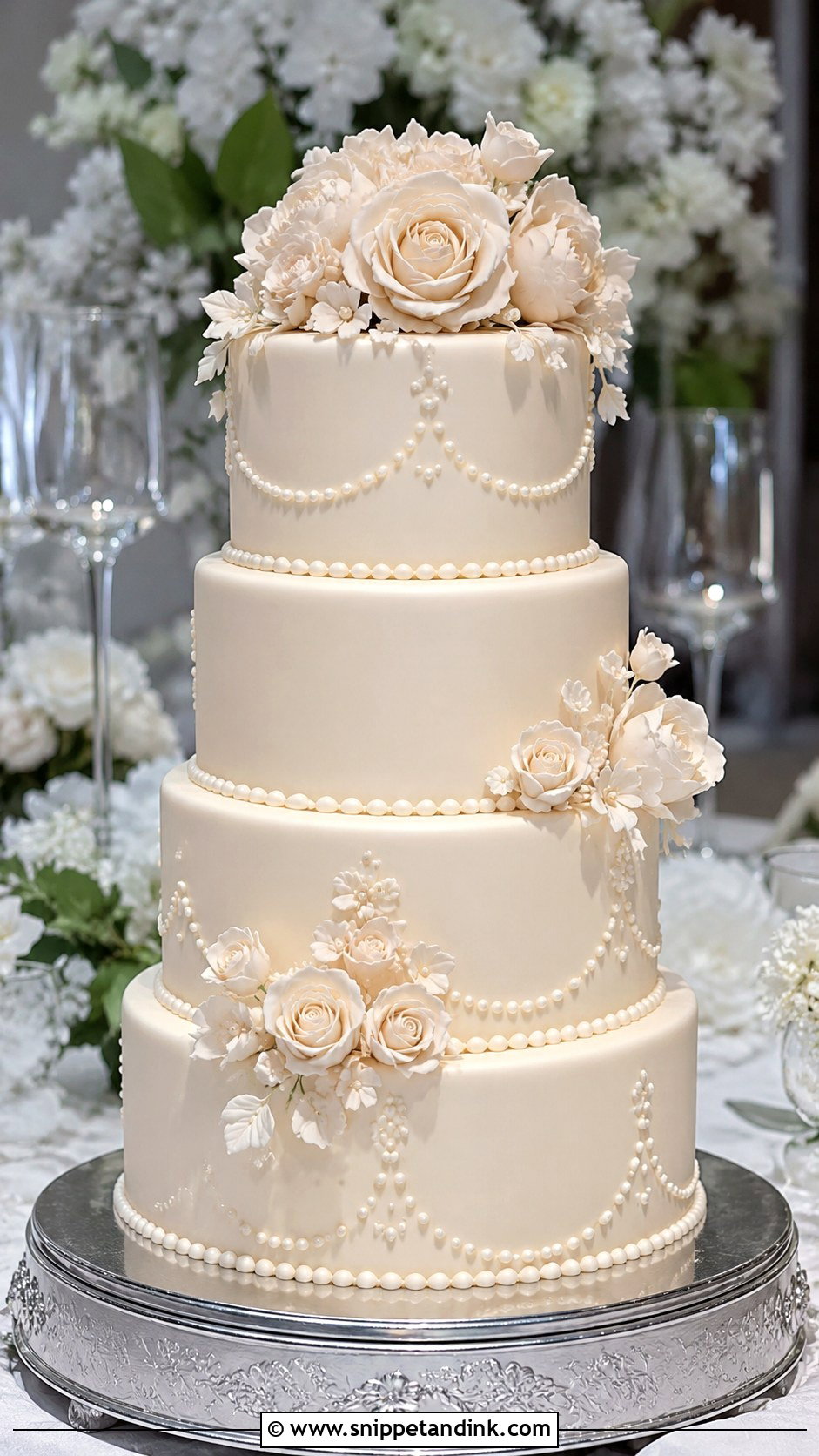 Fondant Wedding Cake With Flowers And Pearls - Snippet and Ink - 30 Wedding Cake Ideas with Flowers and Pearls