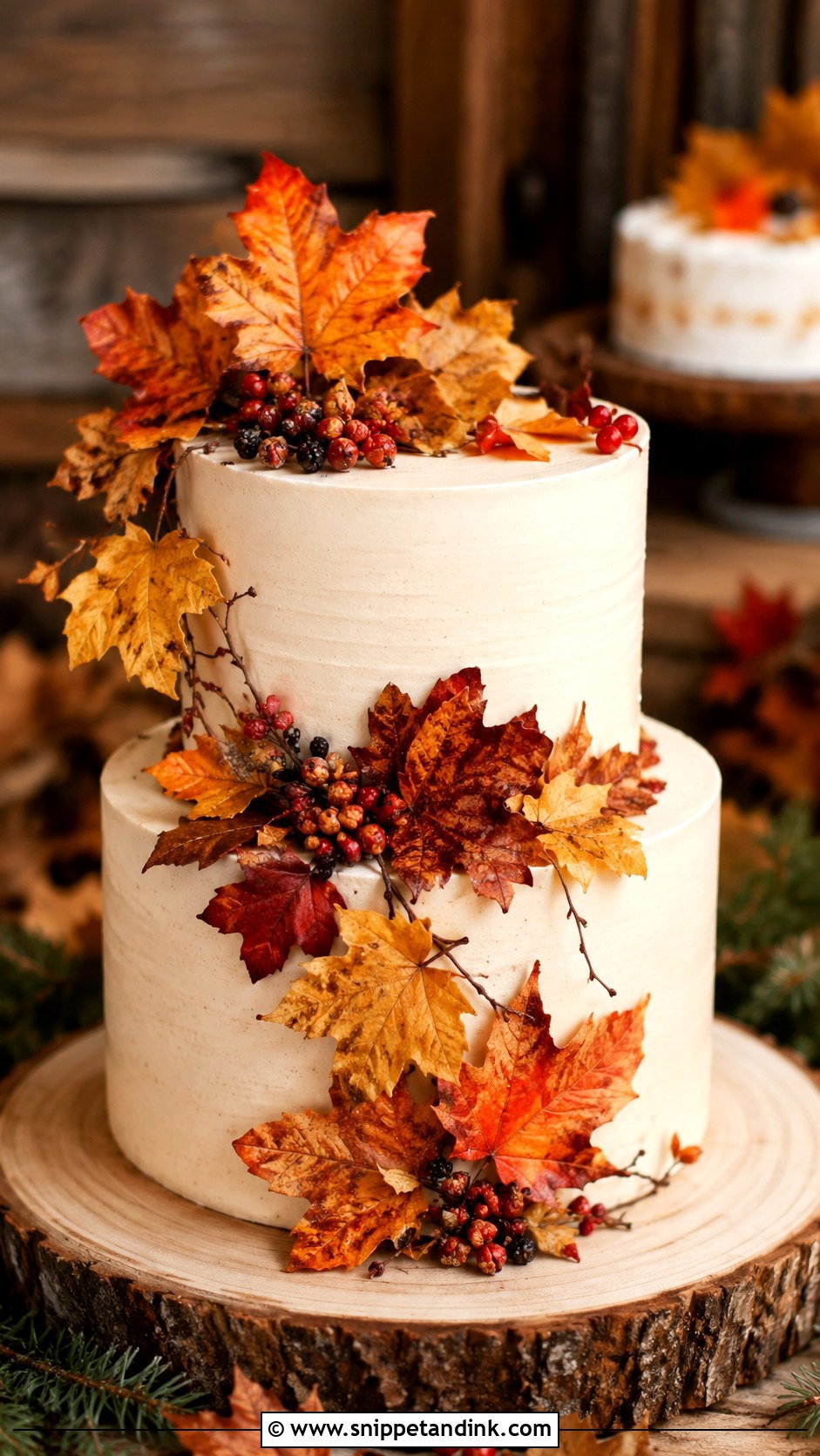 Forest Wedding Cake With Autumn Leaves - Snippet and Ink - 20 Simple Forest Wedding Cake Ideas