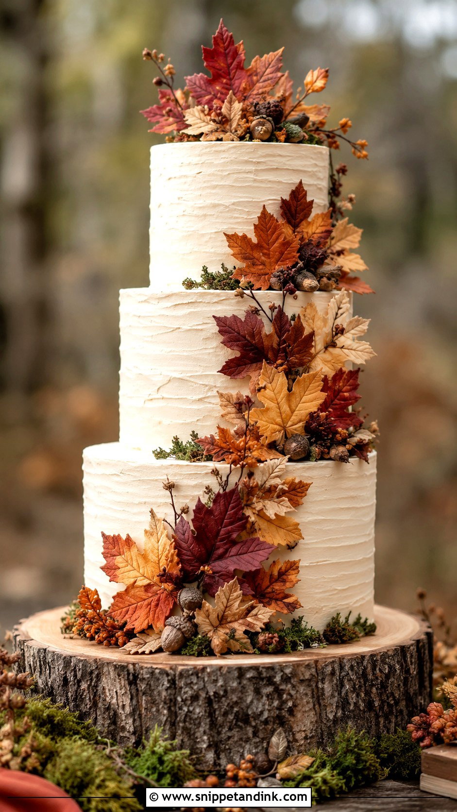 Forest Wedding Cake With Autumn Leaves - Snippet and Ink - 20 Forest Inspired Wedding Cake Ideas