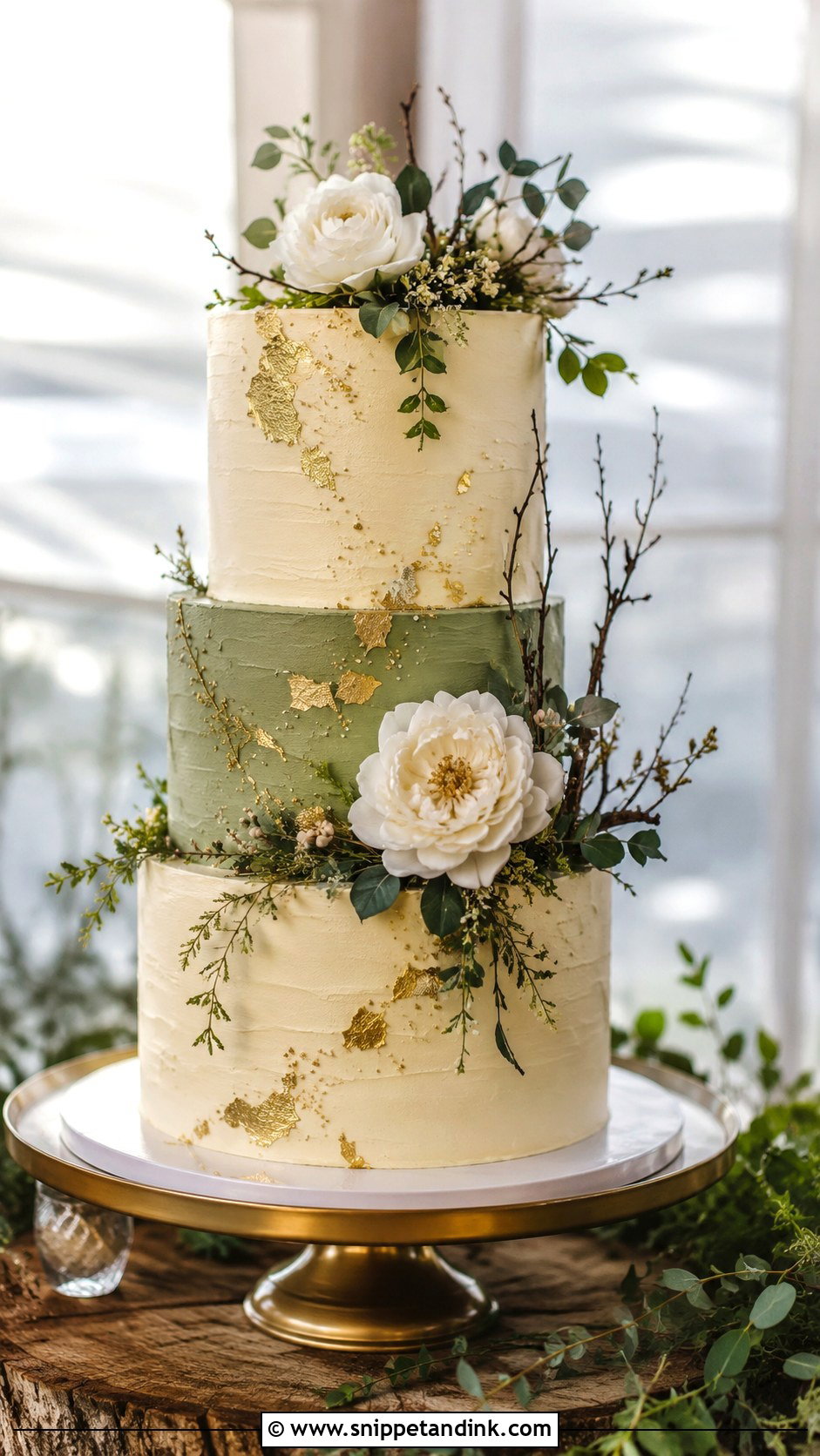 Forest Wedding Cake With Gold Accents - Snippet and Ink - 20 Forest Inspired Wedding Cake Ideas
