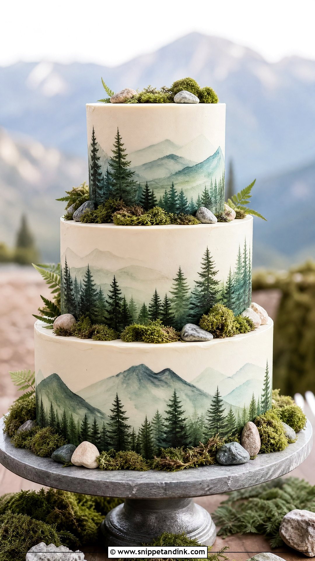 Forest Wedding Cake With Mountain Scene - Snippet and Ink - 25 Forest Theme Cake Ideas for Wedding
