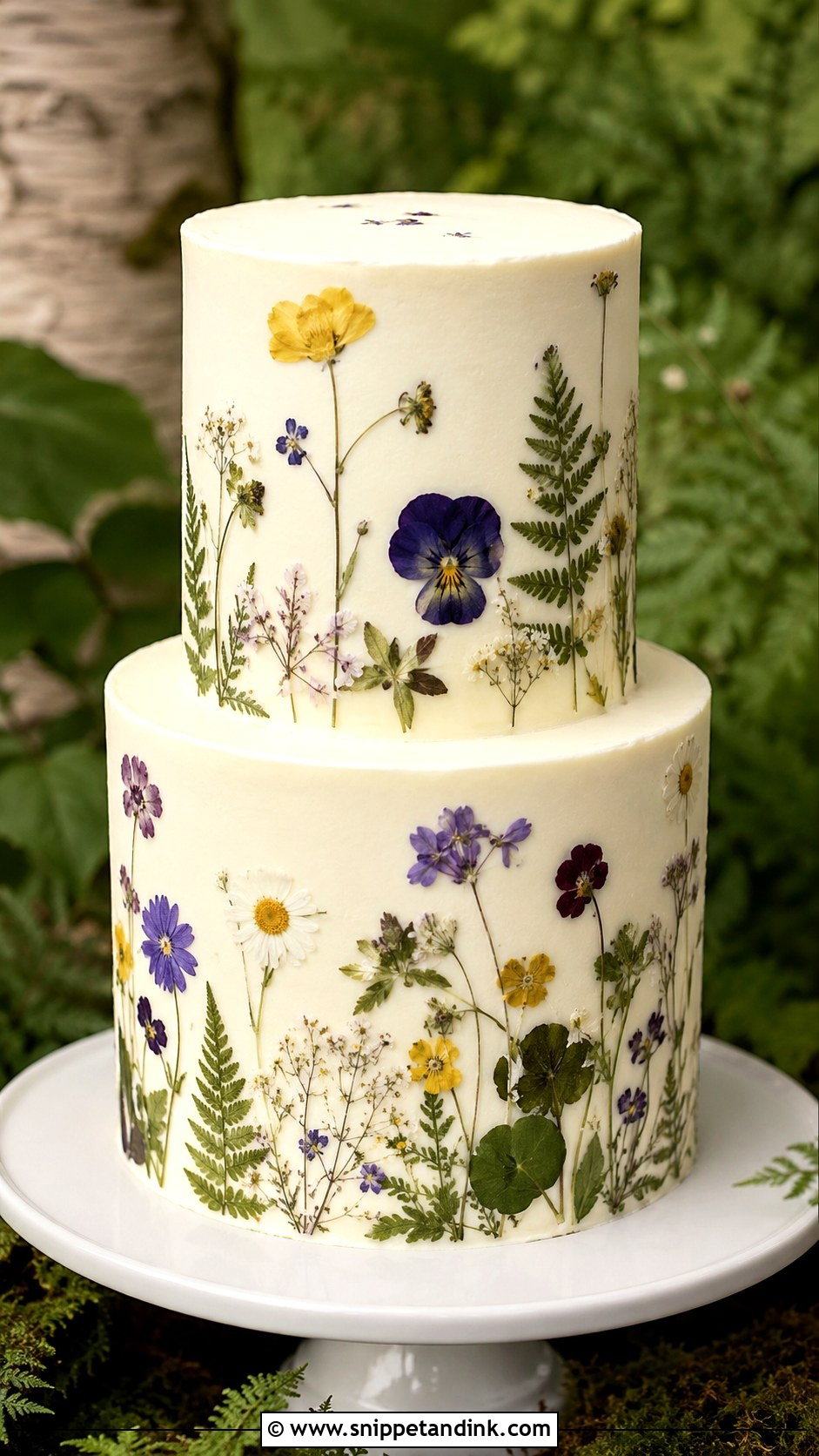 Forest Wedding Cake With Pressed Flowers - Snippet and Ink - 20 Forest Inspired Wedding Cake Ideas