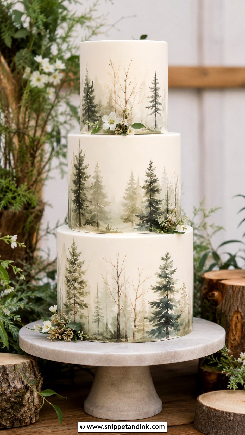 Forest Wedding Cake With Watercolor Trees - Snippet and Ink - 20 Forest Inspired Wedding Cake Ideas