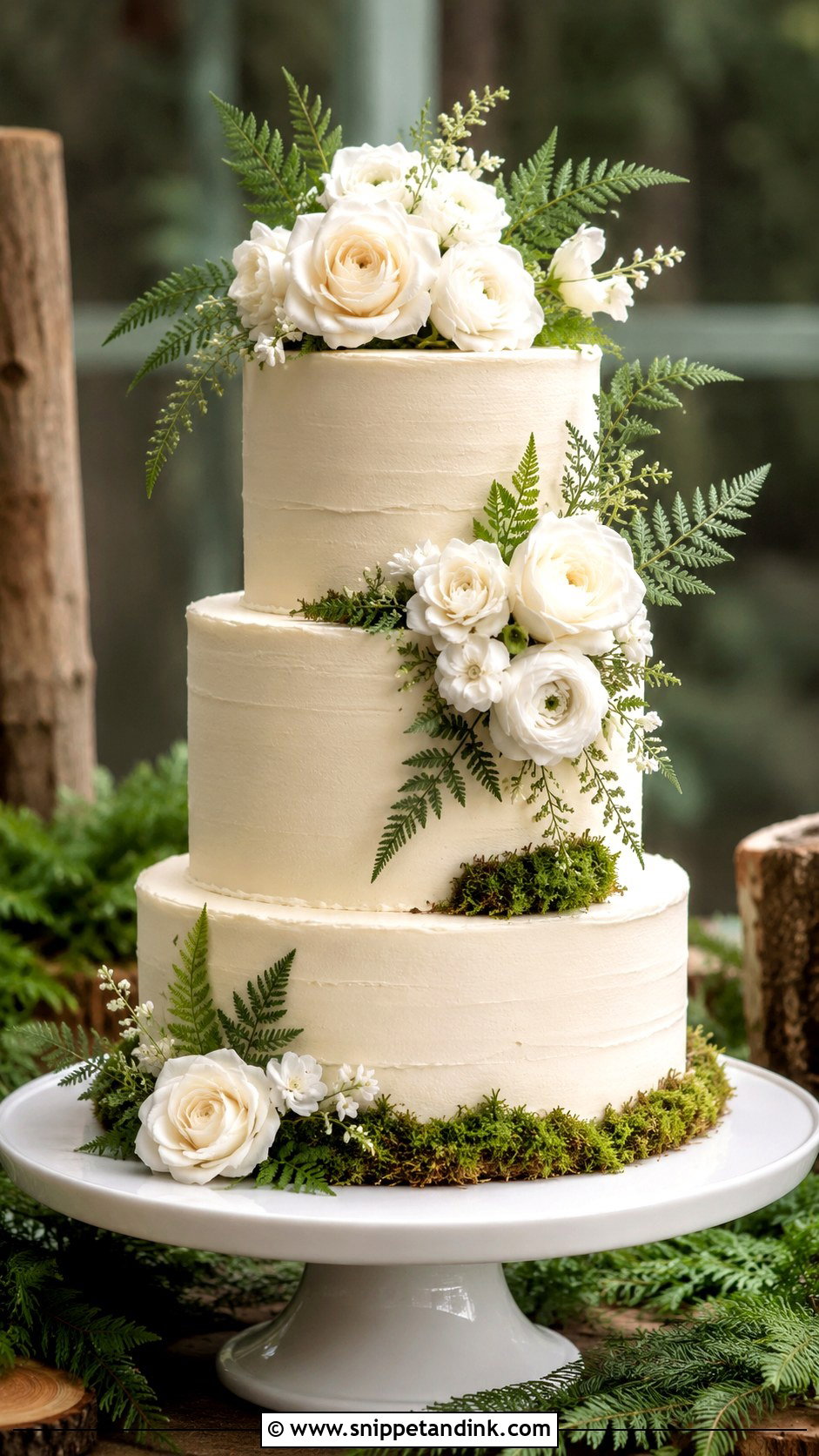 Forest Wedding Cake With White Flowers - Snippet and Ink - 20 Forest Inspired Wedding Cake Ideas