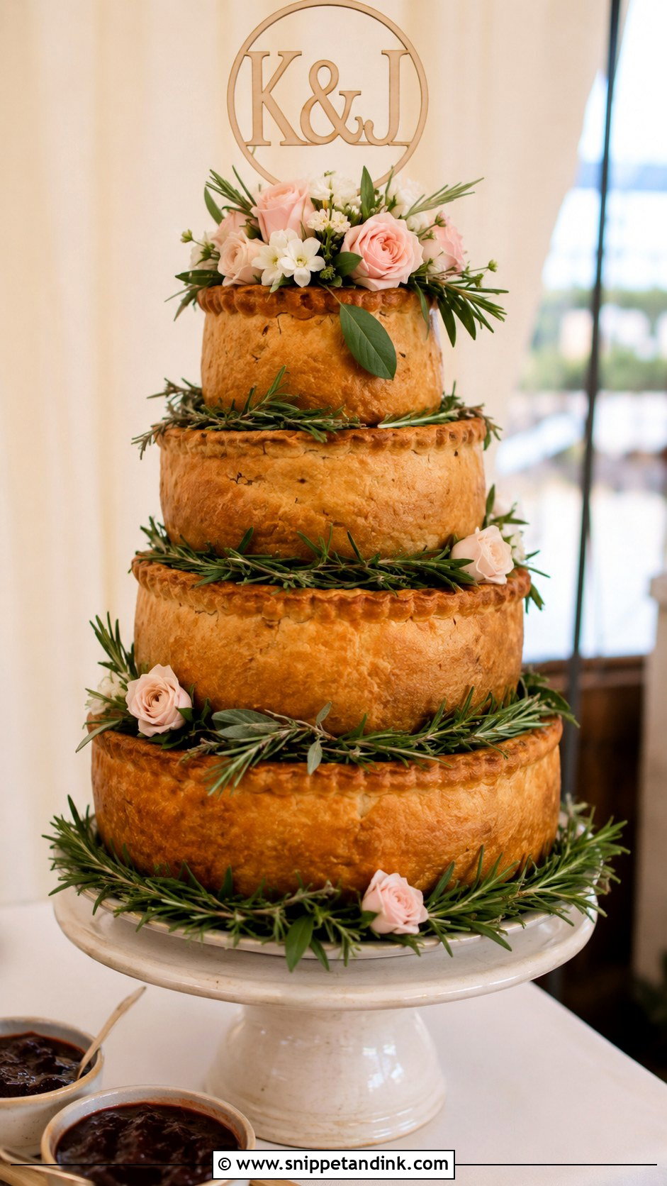 Four Tier Pork Pie Wedding Cake - Snippet and Ink - 20 Pork Pie Wedding Cake Ideas